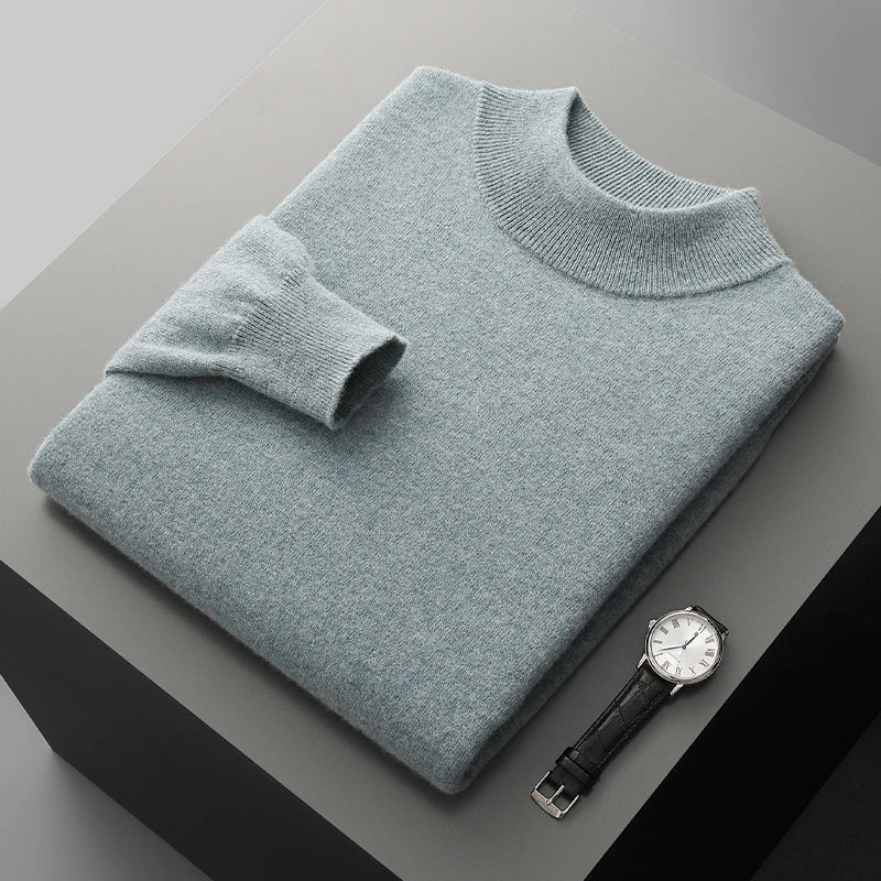 Men's Pullover Sweater Gray 100% Merino Wool Stand-Up Collar