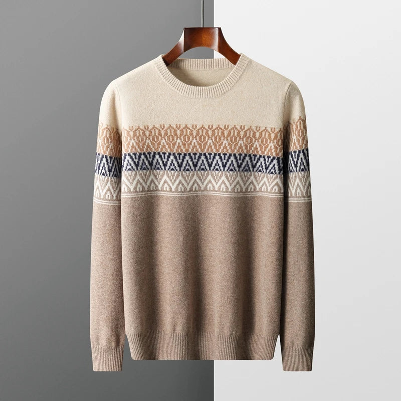 Men's Pullover Sweater O-Neck Retro Jacquard 100% Merino Wool 0