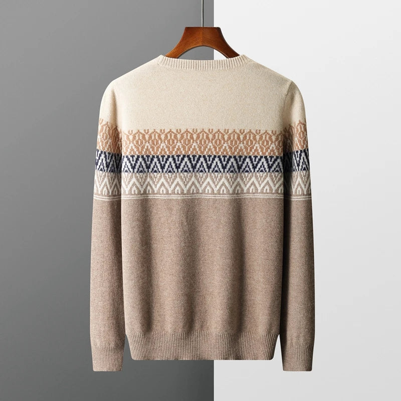 Men's Pullover Sweater O-Neck Retro Jacquard 100% Merino Wool 1