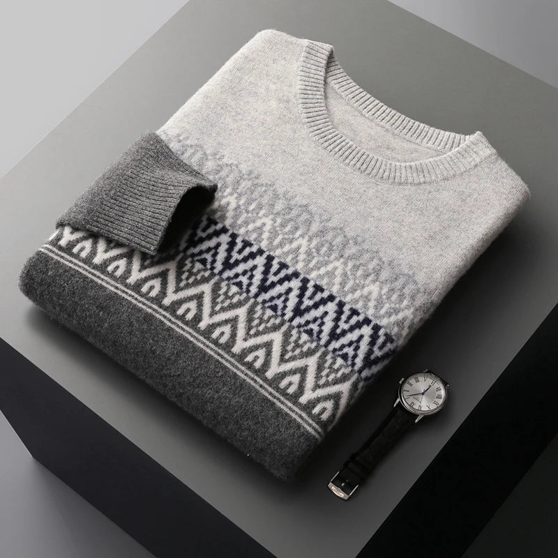 Men's Pullover Sweater O-Neck Retro Jacquard 100% Merino Wool 2