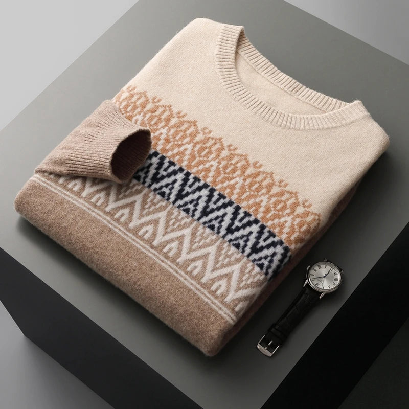 Men's Pullover Sweater O-Neck Retro Jacquard 100% Merino Wool 3
