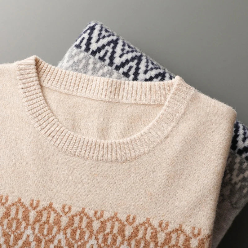 Men's Pullover Sweater O-Neck Retro Jacquard 100% Merino Wool 4