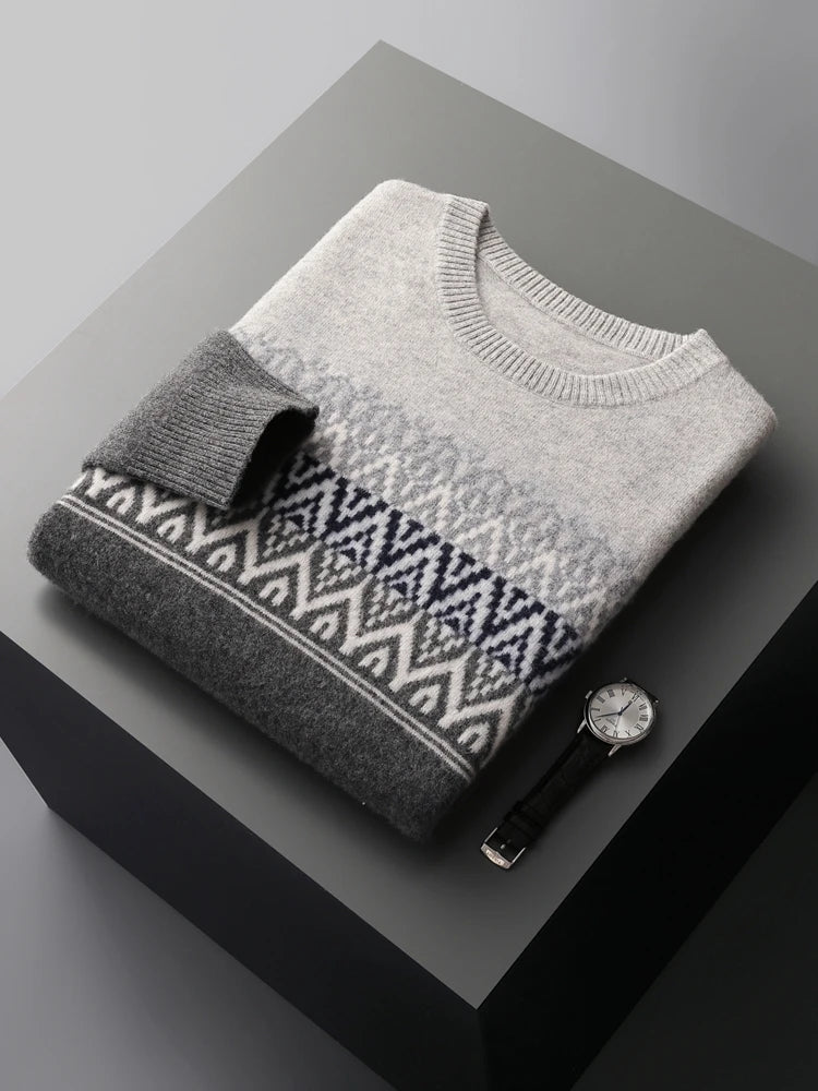 Men's Pullover Sweater O-Neck Retro Jacquard 100% Merino Wool 6