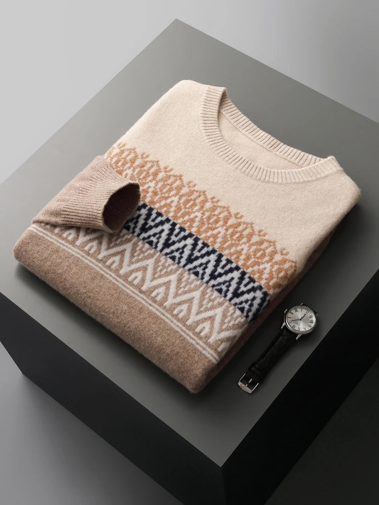 Men's Pullover Sweater O-Neck Retro Jacquard 100% Merino Wool 7