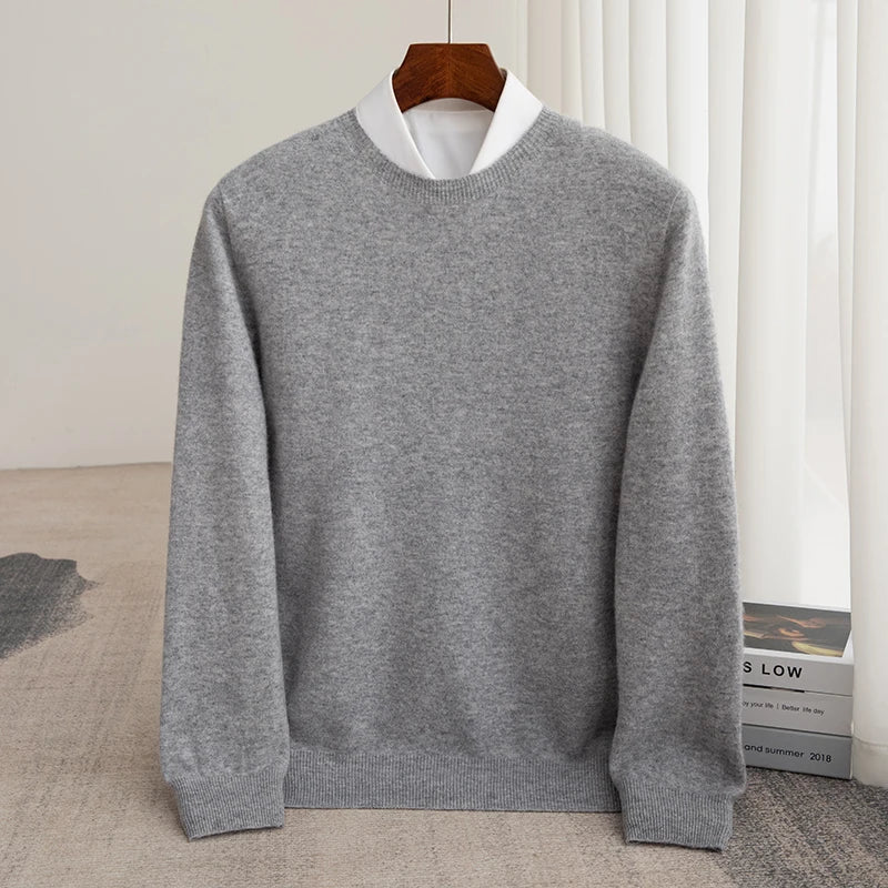 Men's Pullover Sweater Thick O-Neck Gray 100% Merino Wool 11