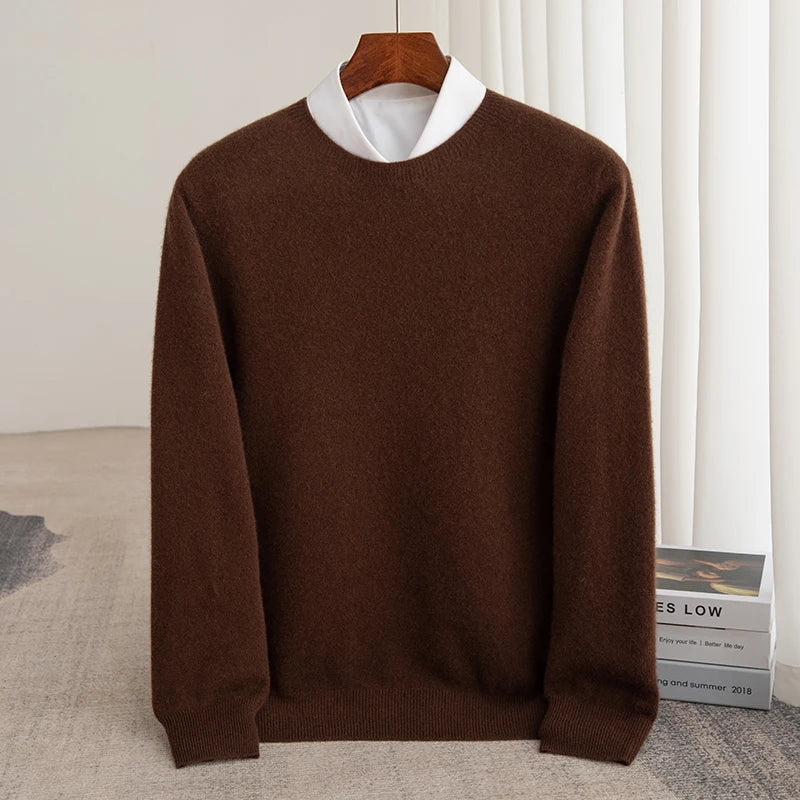 Men's Pullover Sweater Thick O-Neck Gray 100% Merino Wool 13