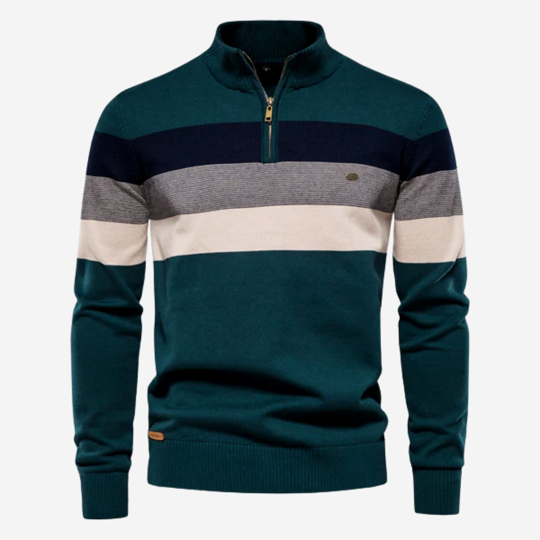 Men's Quarter Zip Sweater Black Cotton with Stripes 1
