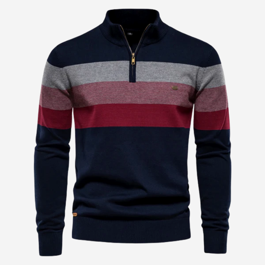 Men's Quarter Zip Sweater Black Cotton with Stripes 2