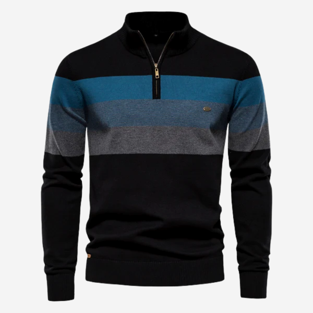 Men's Quarter Zip Sweater Black Cotton with Stripes 3