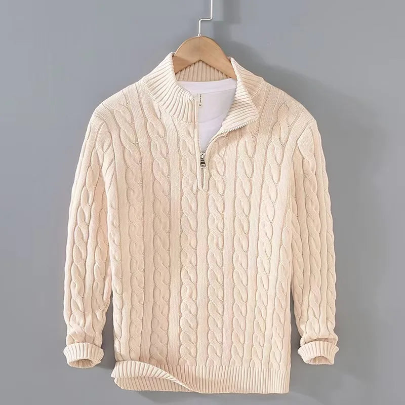 Men's Quarter Zip Sweater Gray Cotton Cable Knit