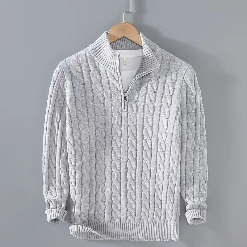 Men's Quarter Zip Sweater Gray Cotton Cable Knit