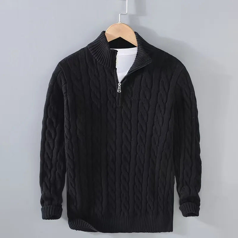 Men's Quarter Zip Sweater Gray Cotton Cable Knit