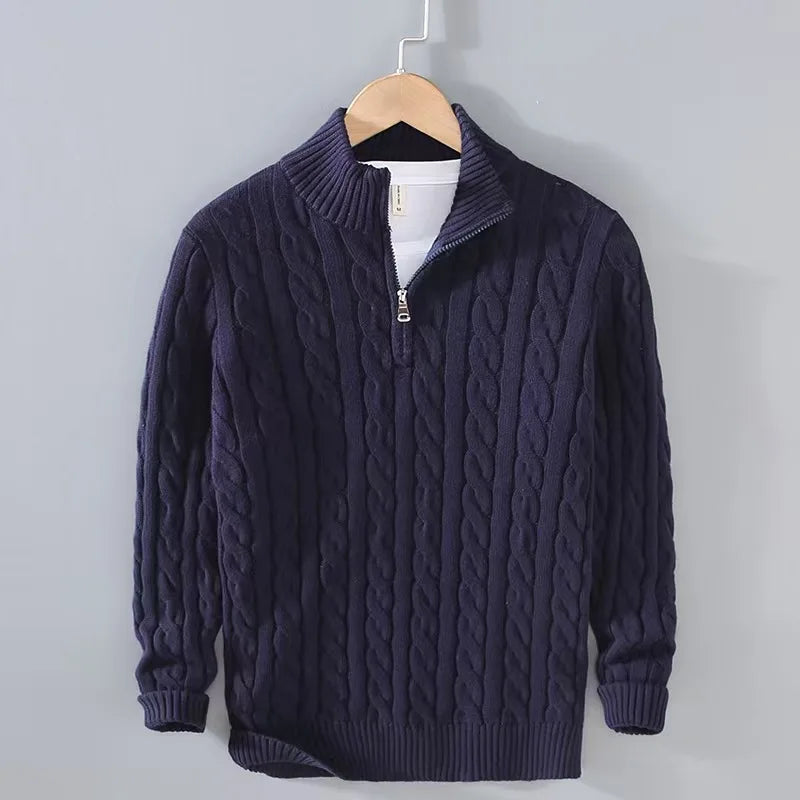 Men's Quarter Zip Sweater Gray Cotton Cable Knit