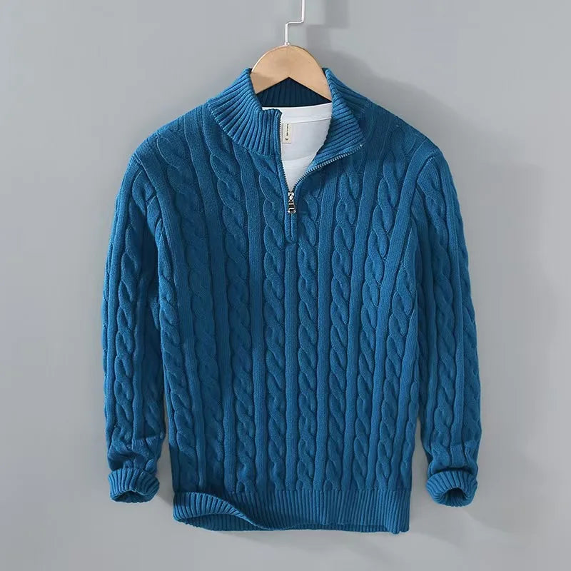 Men's Quarter Zip Sweater Gray Cotton Cable Knit