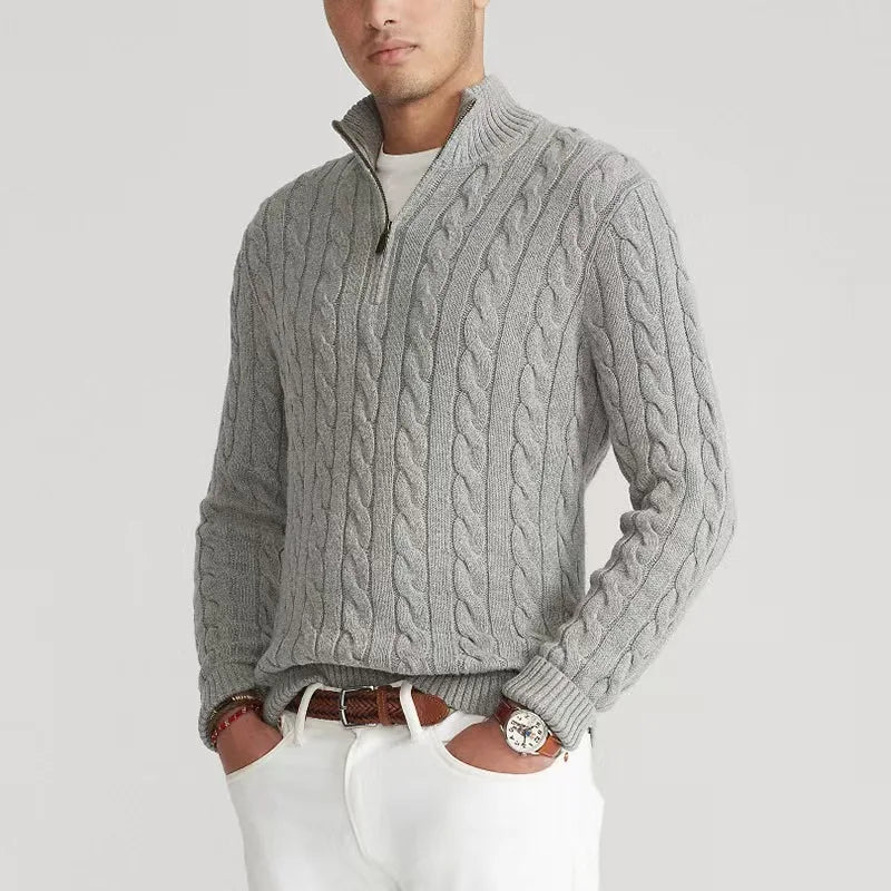 Men's Quarter Zip Sweater Gray Cotton Cable Knit