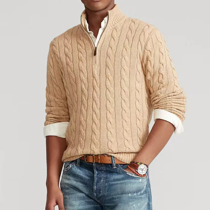 Men's Quarter Zip Sweater Gray Cotton Cable Knit