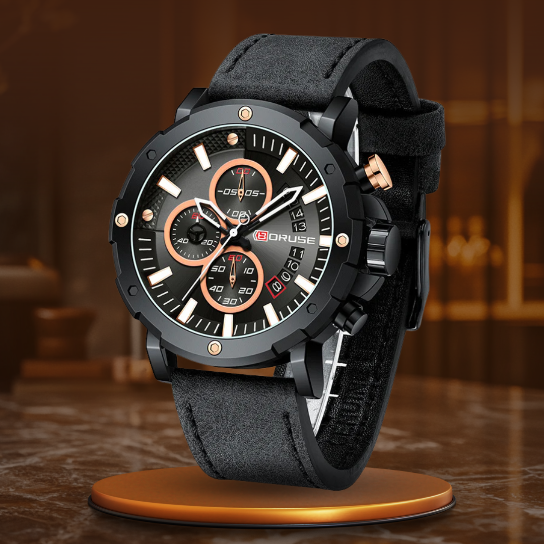Men's Sport Business Watch with Luminescent Dial and Black Leather Strap 10