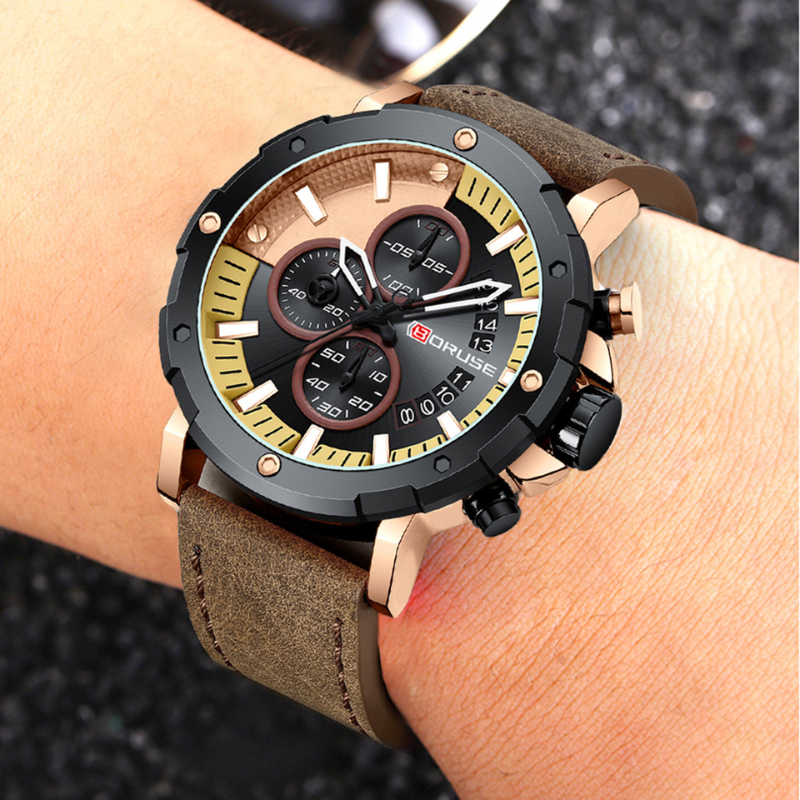 Men's Sport Business Watch with Luminescent Dial and Black Leather Strap 4