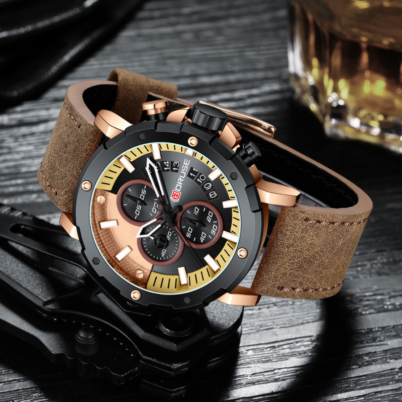 Men's Sport Business Watch with Luminescent Dial and Black Leather Strap 5