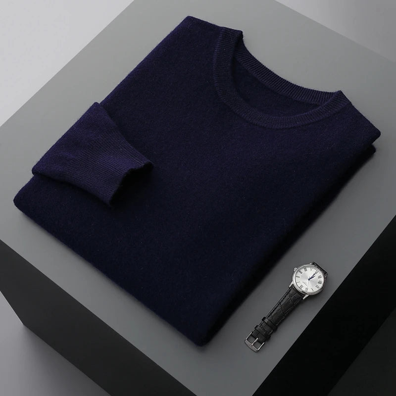 Men's Sweater Solid Color 100% Merino Wool Round Neck Pullover 8