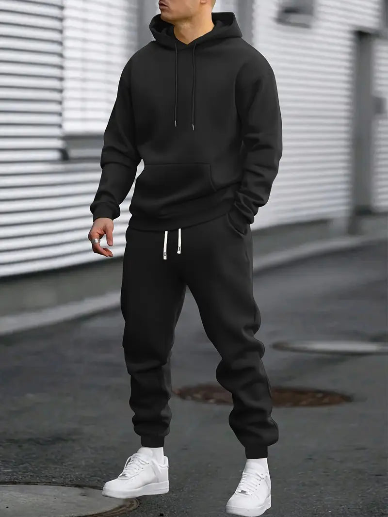 Men's Tracksuit Set Black Cotton Hoodie and Joggers 2