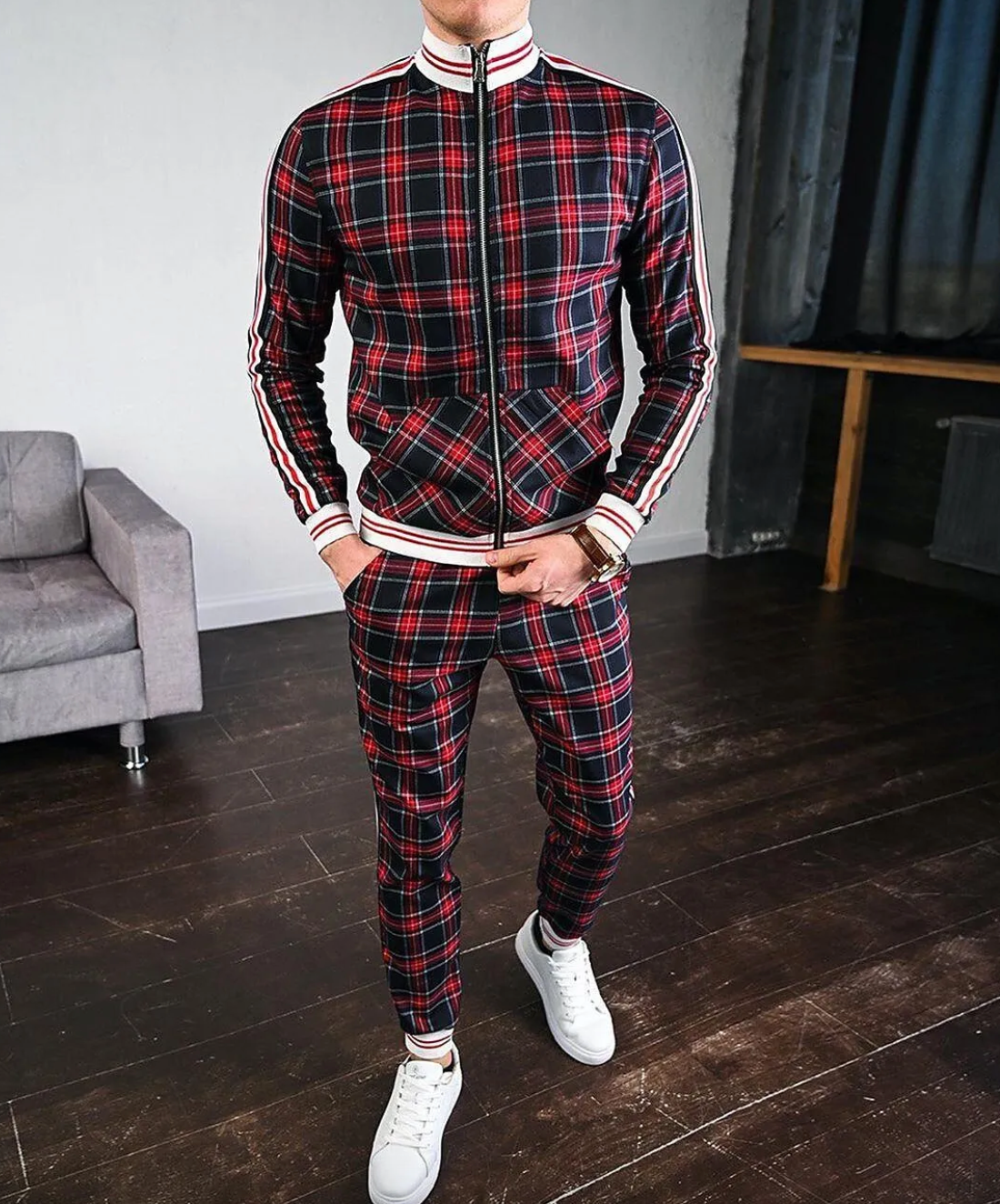 Men's Tracksuit Set Checkered Cotton with Striped Cuffs 1