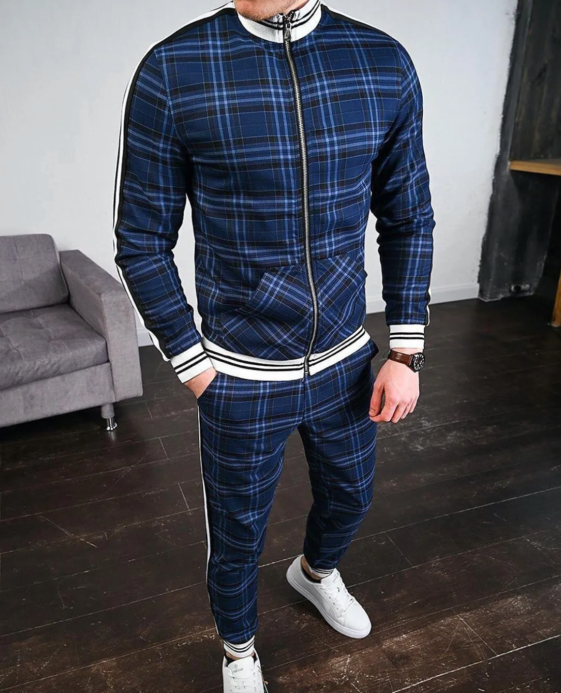 Men's Tracksuit Set Checkered Cotton with Striped Cuffs 2