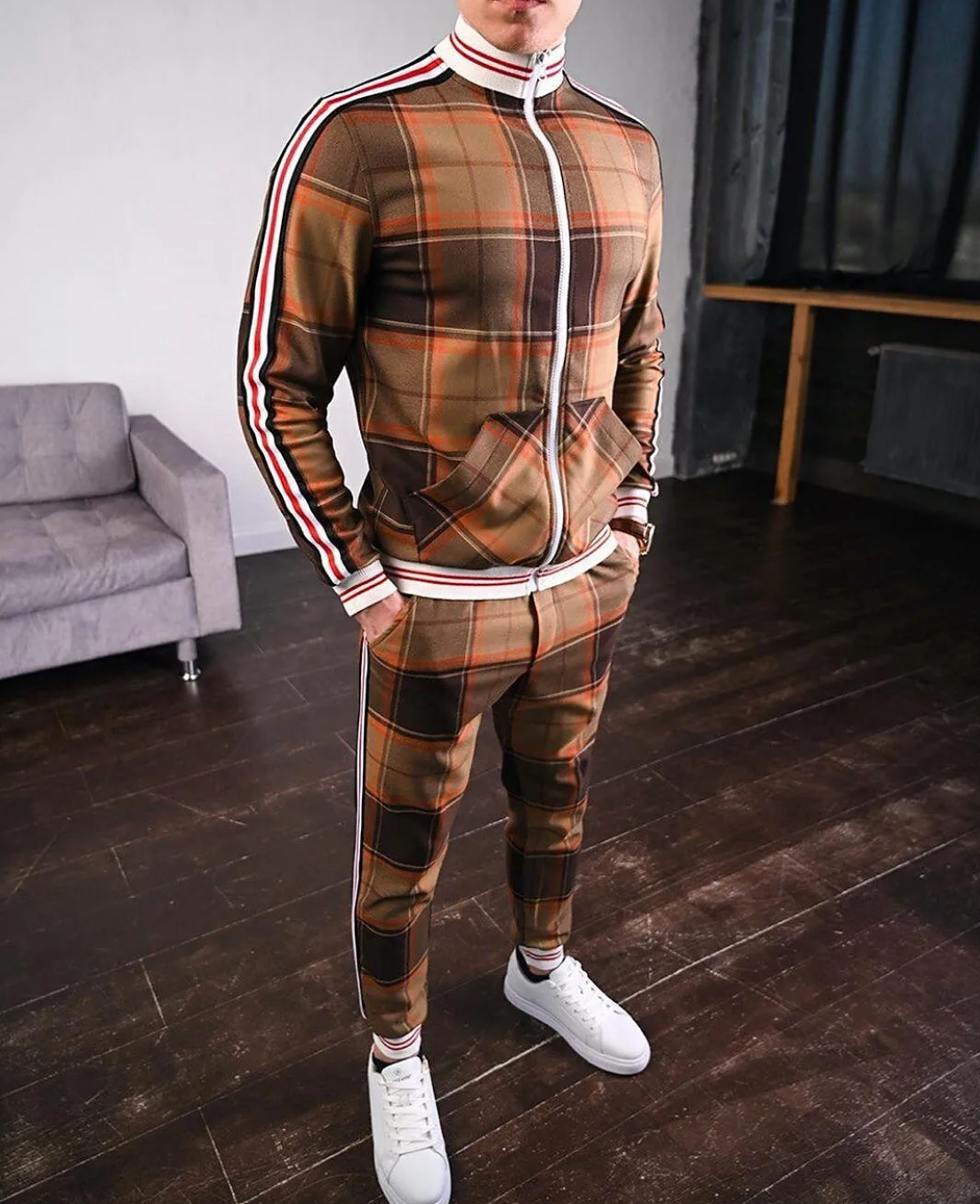 Men's Tracksuit Set Checkered Cotton with Striped Cuffs 3