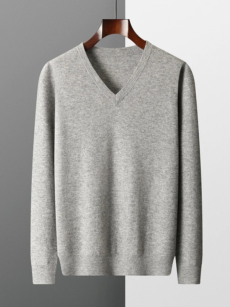 Men's V-Neck Sweater Blue 100% Merino Wool 1