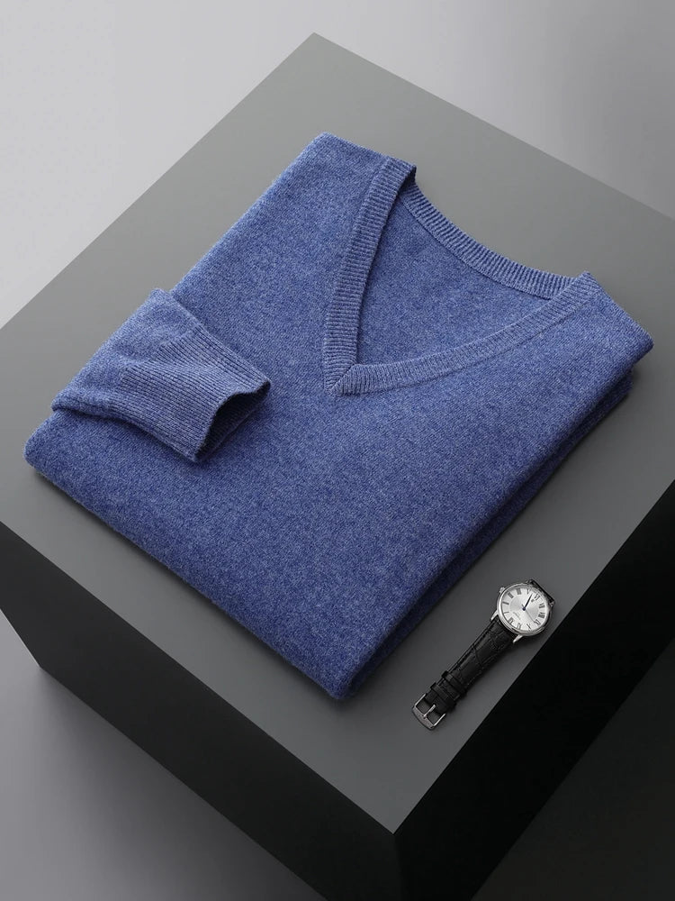 Men's V-Neck Sweater Blue 100% Merino Wool 5