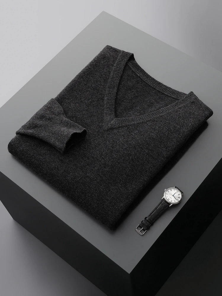 Men's V-Neck Sweater Blue 100% Merino Wool 7