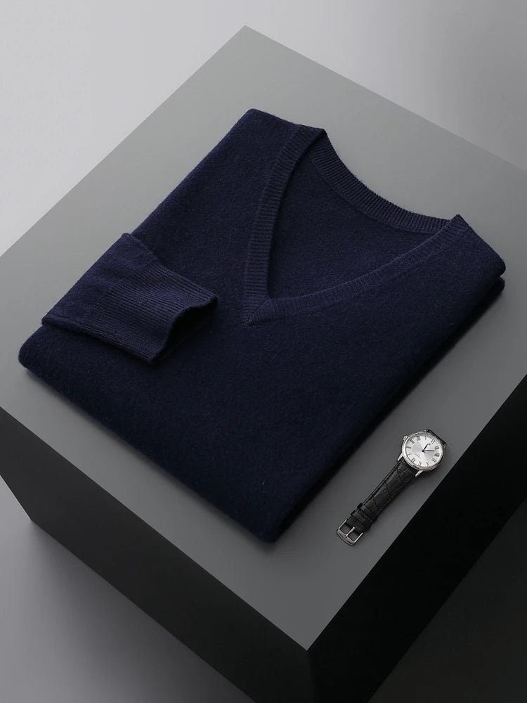 Men's V-Neck Sweater Blue 100% Merino Wool 9