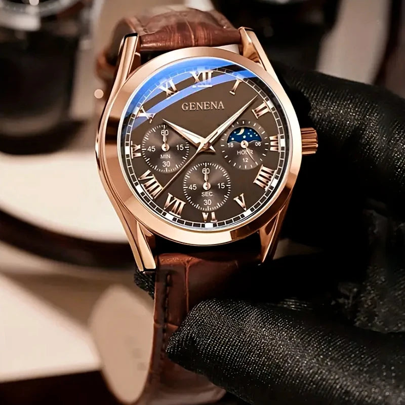 Men's Watch Black Alloy Leather Band