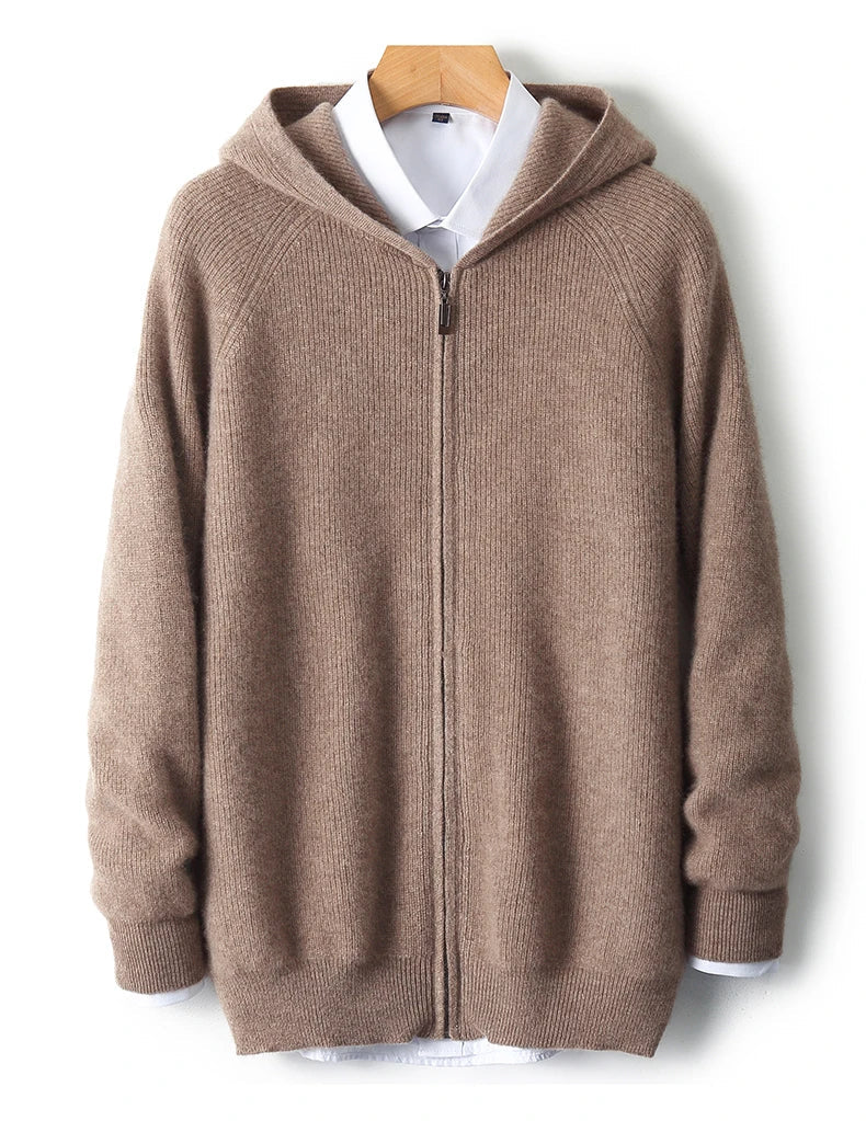 Men's Zip-Up Sweater Grey Merino Wool Hooded Tailored Fit
