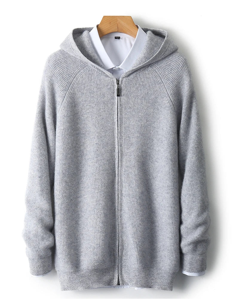 Men's Zip-Up Sweater Grey Merino Wool Hooded Tailored Fit