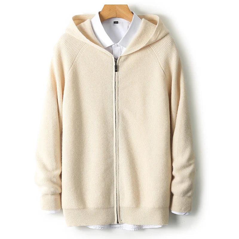 Men's Zip-Up Sweater Grey Merino Wool Hooded Tailored Fit