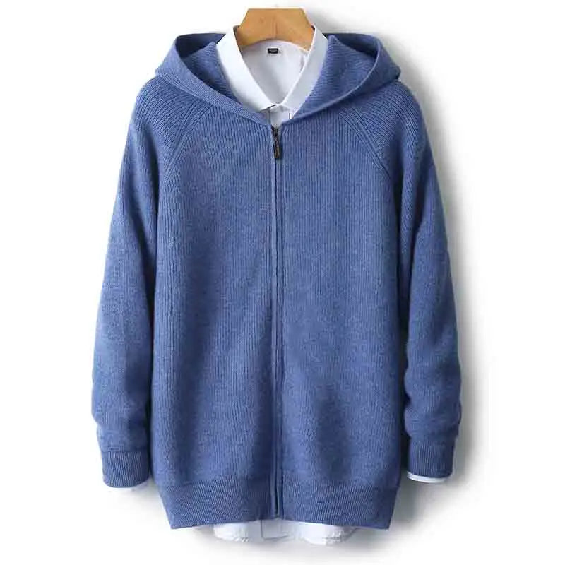 Men's Zip-Up Sweater Grey Merino Wool Hooded Tailored Fit