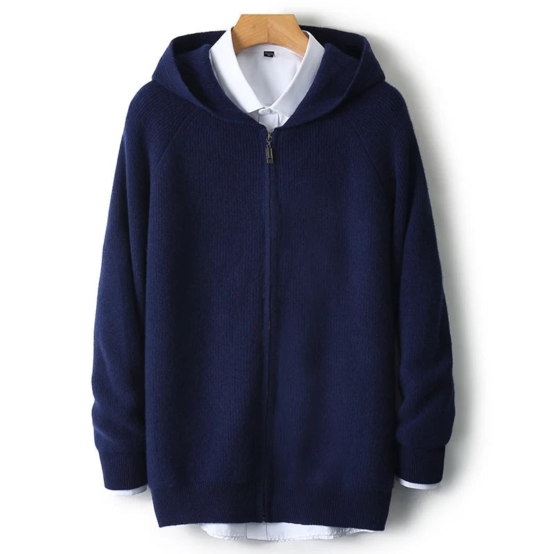 Men's Zip-Up Sweater Grey Merino Wool Hooded Tailored Fit