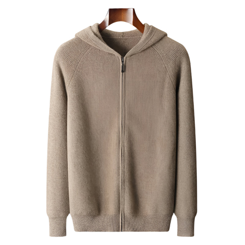 Men's Zip-Up Sweater Grey Merino Wool Hooded Tailored Fit