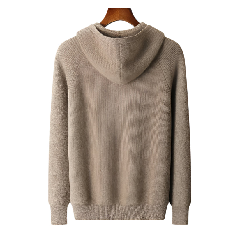 Men's Zip-Up Sweater Grey Merino Wool Hooded Tailored Fit