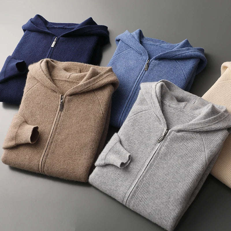 Men's Zip-Up Sweater Grey Merino Wool Hooded Tailored Fit