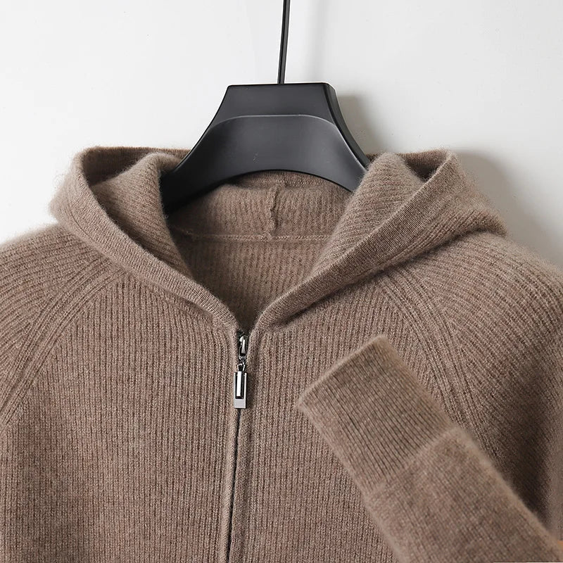 Men's Zip-Up Sweater Grey Merino Wool Hooded Tailored Fit