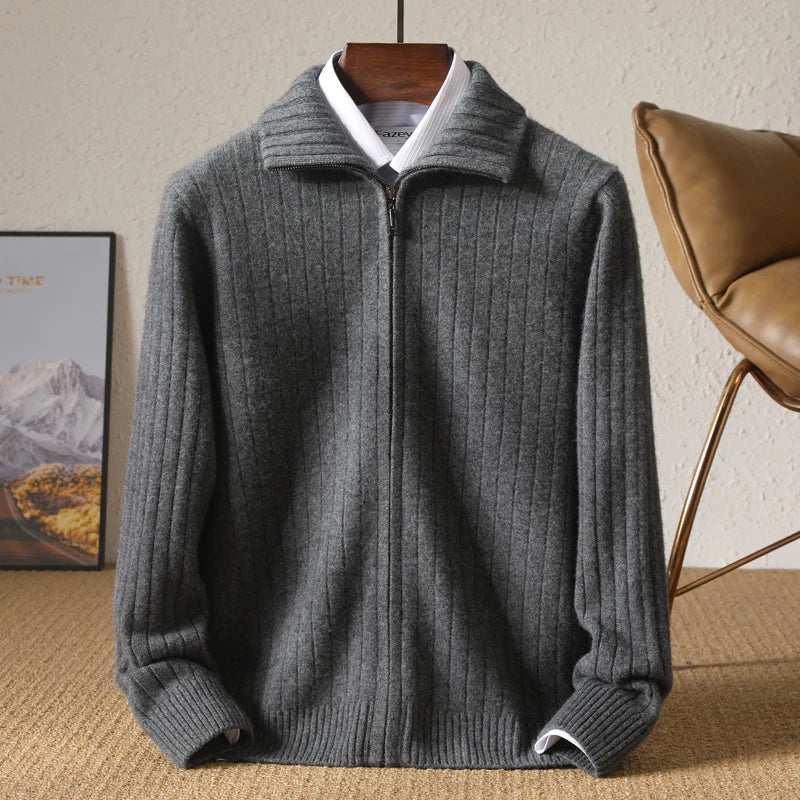 Men's Zip Up Cardigan Black 100% Merino Wool 7