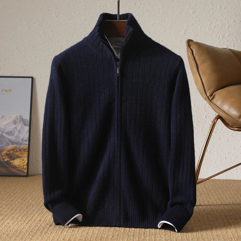 Men's Zip Up Cardigan Black 100% Merino Wool 9
