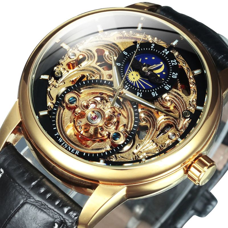 Moon Phase Skeleton Automatic Watch with Gold Finish and Leather Strap – Luxury Timepiece for Men