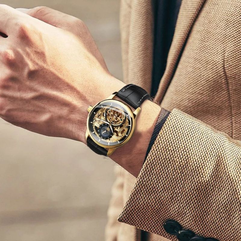 Moon Phase Skeleton Automatic Watch with Gold Finish and Leather Strap – Luxury Timepiece for Men