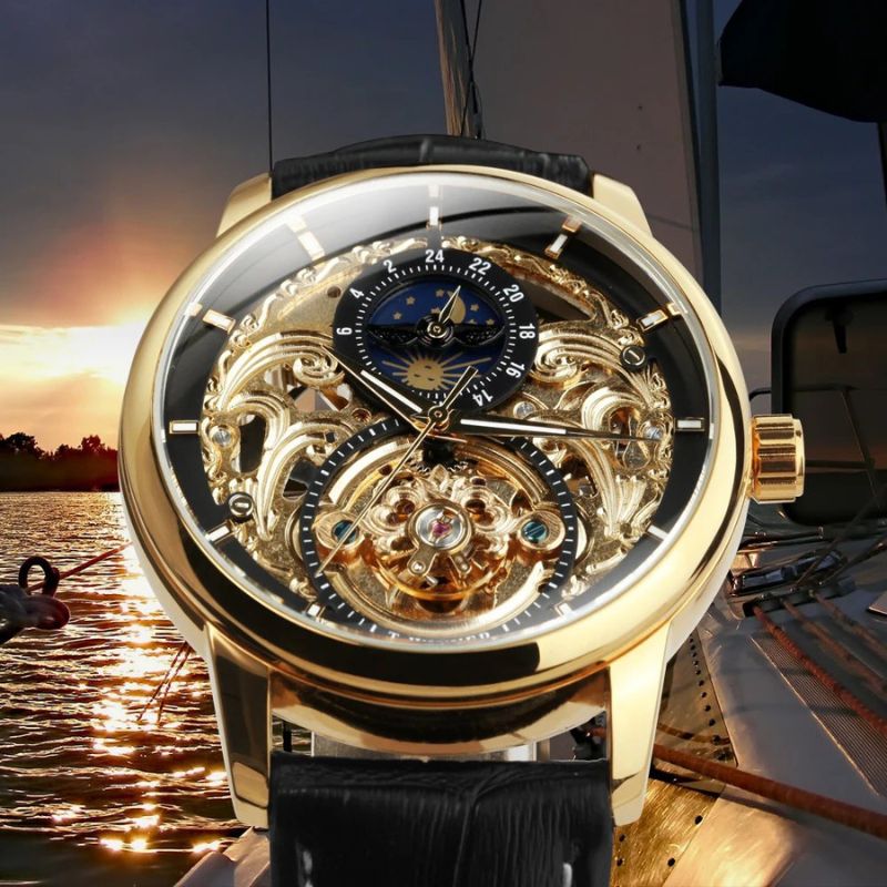Moon Phase Skeleton Automatic Watch with Gold Finish and Leather Strap – Luxury Timepiece for Men
