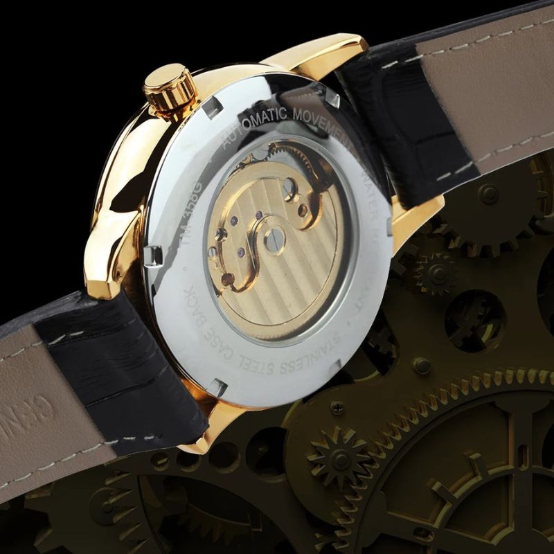 Moon Phase Skeleton Automatic Watch with Gold Finish and Leather Strap – Luxury Timepiece for Men