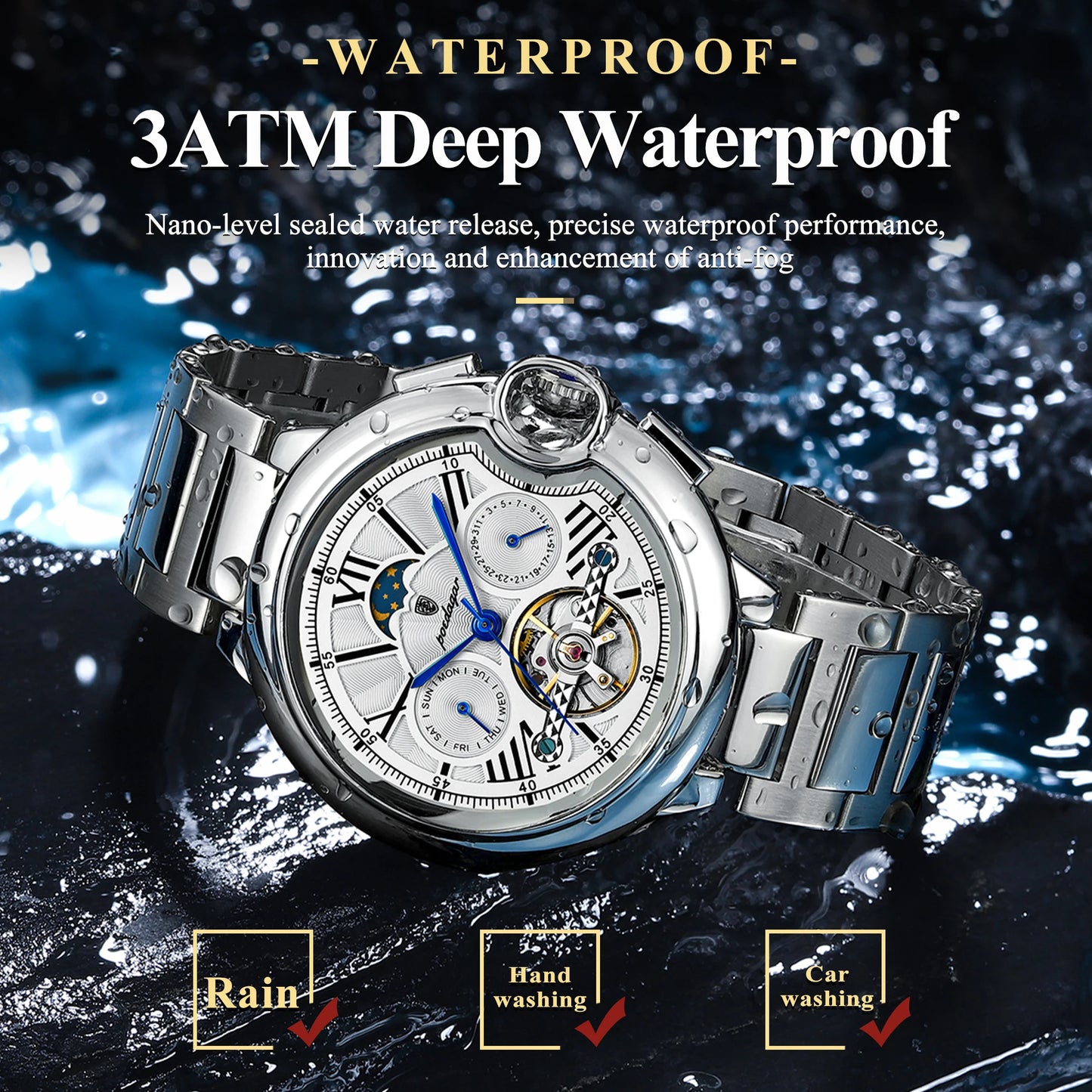 Men’s Automatic Tourbillon Watch – Hollow Dial with Luminous Hands and Calendar