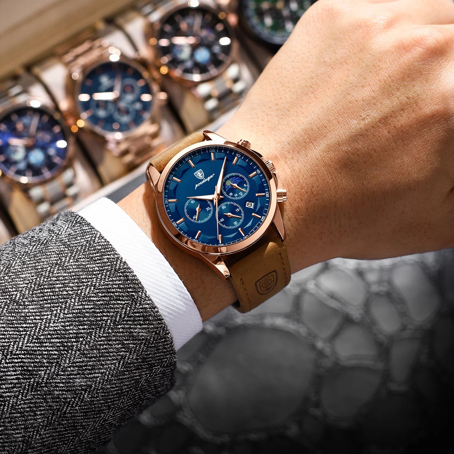 Men’s Luxury Chronograph Quartz Watch – Leather Strap with Luminous Hands